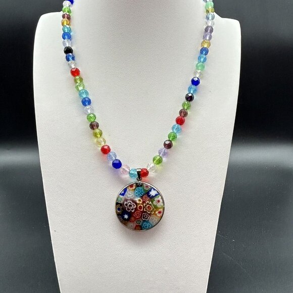 Millefiori Glass Pendant on Handmade Necklace Colorful Toggle Clasp 17" Rainbow - Picture 3 of 4